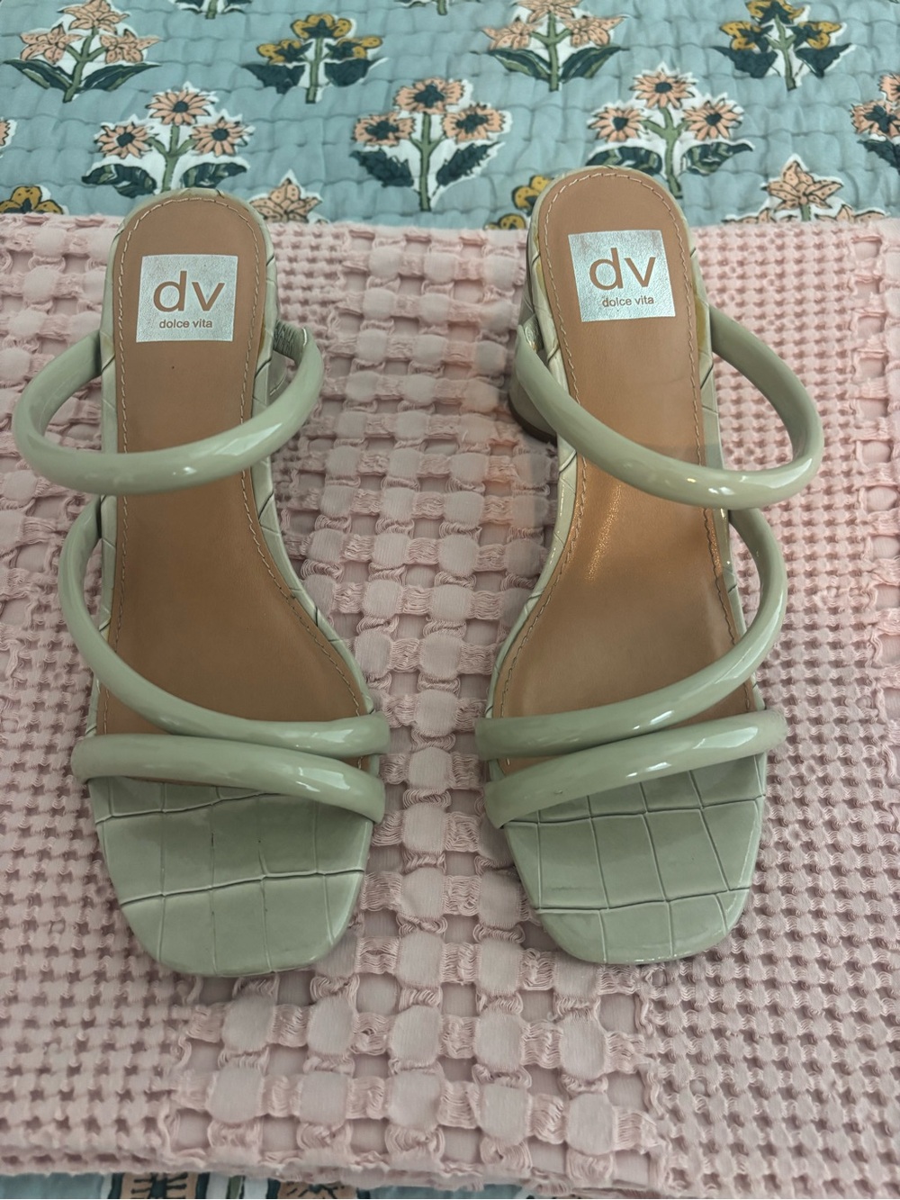 Dolce Vita Pale Mint Patent Triple-Strap Heeled Mules